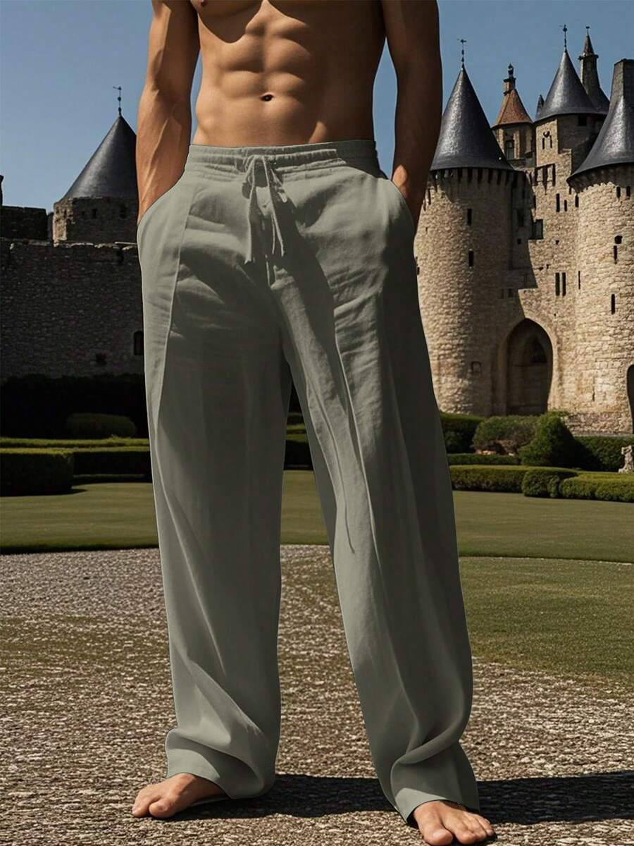 1 pieza Pantalones cargo de verano holgados de mezcla de lino para hombres, con cintura con cordón y pierna ancha, pantalones casuales (la tela delgada puede arrugarse fácilmente y tener una ligera transparencia, considérelo si le preocupa. El tamaño es pequeño, pida una talla talla grande) - Verde militar - Ver 1