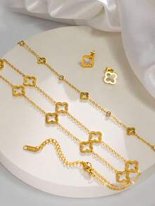 3件套不锈钢项链、耳环和戒指套装，镶嵌立方氧化锆，低过敏性珠宝礼盒套装，女士适用，附赠礼盒，圣诞节珠宝礼物 - 金色簡約風 - 查看 11