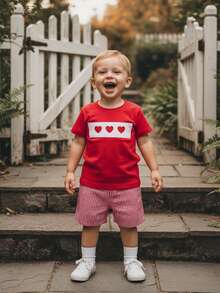 Toddler Baby Boy Valentine's Day Outfit Heart Embroidery Smocked Short Sleeve T-Shirt Top Plaid Shorts Set - Đỏ - Xem 1