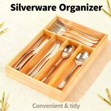 Bamboo Silverware Drawer Organizer, 5-Compartment Flatware Holder For Kitchen, Durable Cutlery Tray To Keep Knives Forks Spoons Tidy, Multifunctional Storage Solution For Home Organization - 原木色 - 查看 11
