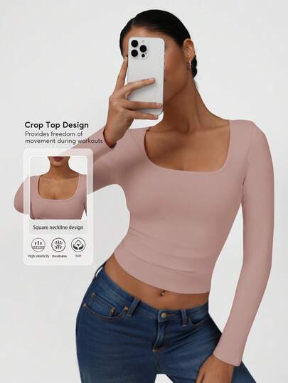 Sodalemon Women Training Long Sleeve Active Wear Square Neck Elastic Solid Color Outdoor Casual Gym Top Fitness Yoga Sport T-Shirt