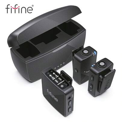 FIFINE ميكروفون لاسلكي صغير للحزام للآيفون/أندرويد/كاميرا، مجموعة 2 ميكروفون لاسلكي للحزام لتسجيل الفيديو/الصوت، ميكروفون كوندنسر قابل للتثبيت مع علبة شحن لتسجيل الفيديو والتدريس والمقابلات والبودكاست والفلوق - FIFINE M9