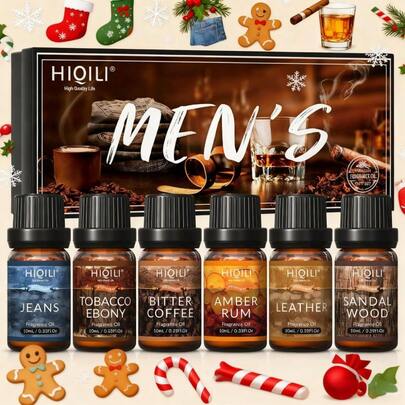 HIQILI HIQILI Men Fragrance Oil L Set For Christmas Gifts,6PCS *10mL Premium Sandalwood Coffee Amber Rum Leather Jeans Essential Oils For Diffuser Humidifier DIY Perfume Soap And Candles Making Best Gift For Thanksgiving Christmas Halloween Mother's & Father's Day
