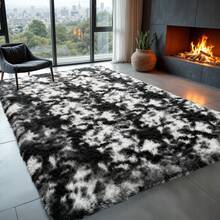 Large Shaggy Area Rug For Living Room & Bedroom – Stain-Resistant Fluffy Carpet With 1.4 In High Pile, Plush Aesthetic Throw Rug, Non-SIip Rubber Backing With 4 Anti-SIip Pads, Durable Edge Stitching – Cozy Minimalist Decor – Great Gift For New Year ! - Nhuộm tie-dye đen trắng - Xem 1