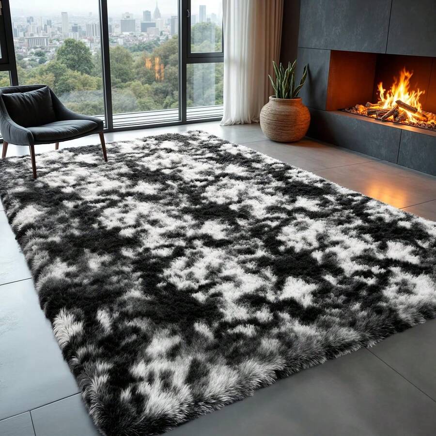 Large Shaggy Area Rug For Living Room & Bedroom – Stain-Resistant Fluffy Carpet With 1.4 In High Pile, Plush Aesthetic Throw Rug, Non-SIip Rubber Backing With 4 Anti-SIip Pads, Durable Edge Stitching – Cozy Minimalist Decor – Great Gift For New Year ! - Nhuộm tie-dye đen trắng - Xem 1