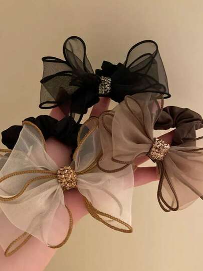 3-Piece Set Elegant Retro Rhinestone Bow Hairband - High Elasticity Women's Hairband, Mesh And Fabric Design, Brown/Black/White, Shiny Crystal Decoration, Perfect Fashion Bun,Gifts,Travel,Gifts For Women,Hair Stuff,Stocking Stuffers