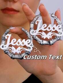 Women's Customized Bamboo Hoop Earrings, Classic Exaggerated Personalized Large Round Earrings Stainless Steel 5mm Thick Cuban Link Chain Necklace, Heart Pendant Couples Jewelry Set, Family Christmas Gift - Double-layer Silver Non-sanded Style 3 - View 2