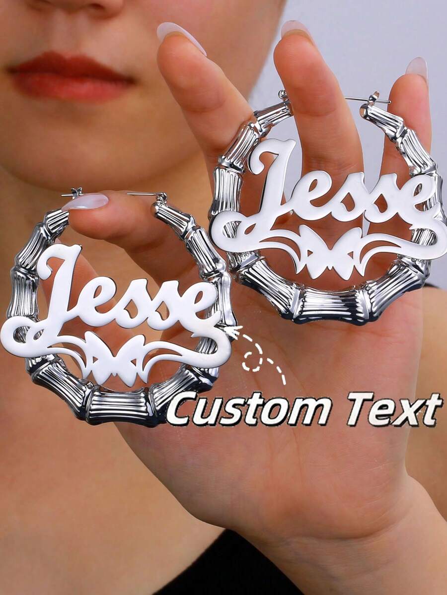 Women's Customized Bamboo Hoop Earrings, Classic Exaggerated Personalized Large Round Earrings Stainless Steel 5mm Thick Cuban Link Chain Necklace, Heart Pendant Couples Jewelry Set, Family Christmas Gift