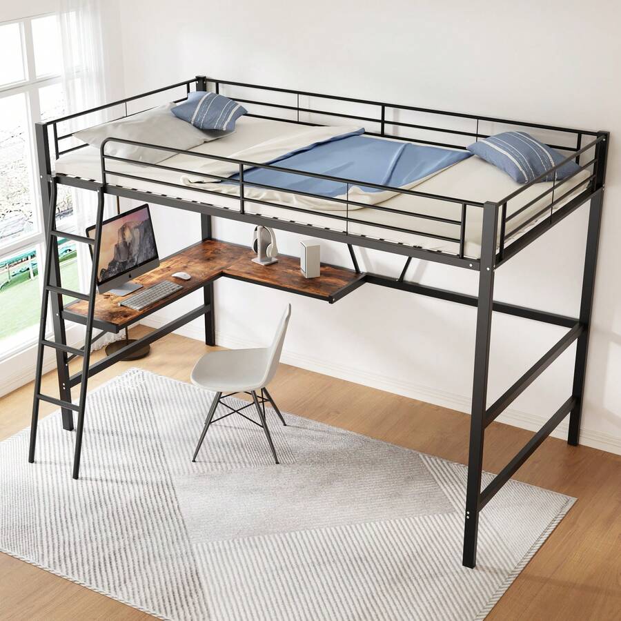 Metal Bed Frame 90x200cm, Iron Bed, Loft Bed With L-Shaped Desk And Shelf For Kids, Teens And Adults, Black - Black - View 1