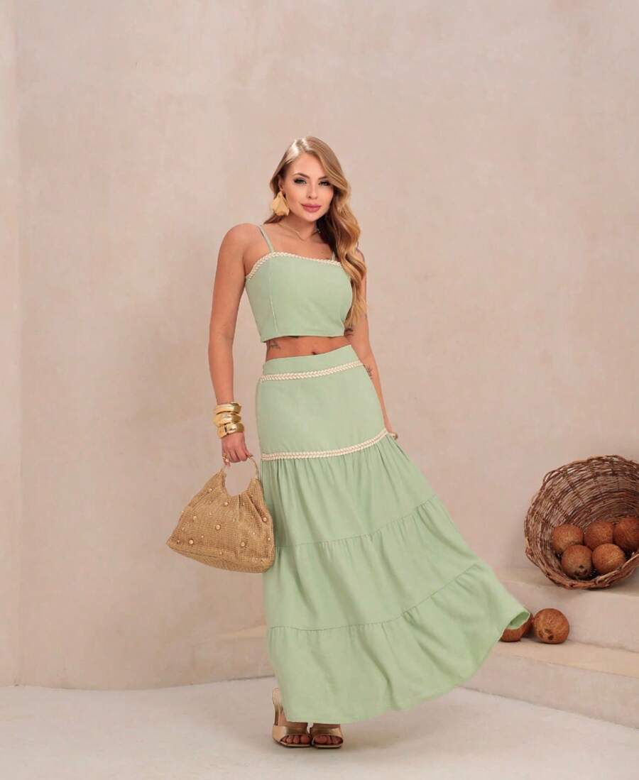 Women's Set, Cropped Top And Long Skirt Set, Elegant Set, Sophisticated Set, Casual Set, Modern Set, Summer Set, Comfortable Set, Stylish Set, Women's Fashion Set, Casual Party Set, Fashion Set, Set, Boho Set, Flared Women's Set - Green - View 1