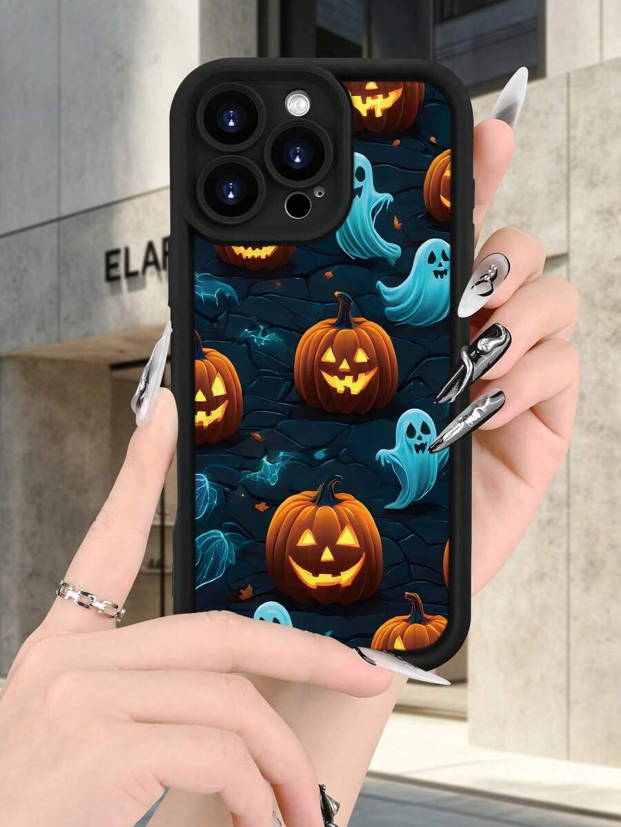 Lujo Ligero, Estilo y BellezaCubierta de Halloween con calabazas y fantasmas.Funda de Teléfono de Textura Mate Negra, Compatible con 17PROMAX, 17PRO, 17Air, 17, 16PROMAX, 16PRO, 15PROMAX, 15PRO - Negro - Ver 1