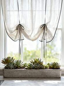 1 Pc Beige Striped Tie Up Curtain For Window Adjustable Balloon Cafe Short Sheer Curtain For Kitchen Light Filtering Half Window Curtain Rod Pocket - Beige - View 4