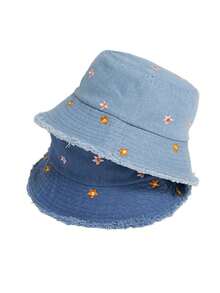 1pcButterfly Knot Cute Spring And Autumn Denim Solid Color Embroidered Bucket Hat, Slimming Face, European And American Small-Circle Outdoor Travel Stylish Hat