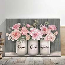 Charming Farmhouse Bathroom Decor - Pink Floral Canvas Wall Art With Wooden Frame, Relaxing Soak & Unwind Quotes, Vintage Style, Ready To Hang, Ideal Gift, Bathroom Decor And Accessories - 彩色 - 查看 5
