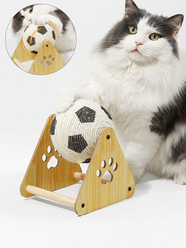 Sisal Rope Cat Scratching Ball Toy, Soccer Cat Climbing Frame Trainer With Wooden Frame - Interactive Scratch And Play Toy For Kittens, Small Breeds And Indoor Cats, Cat Toys, Dog Chew Toys, Cat Supplies, Catnip Toys, No Mess Vertical Self-Entertainment Cat Scratch Pad Toy With Diverse Play Modes