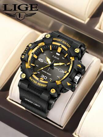 LIGE Foxbox 新款男孩商务石英表双显防水夜光多功能时尚日历手表
