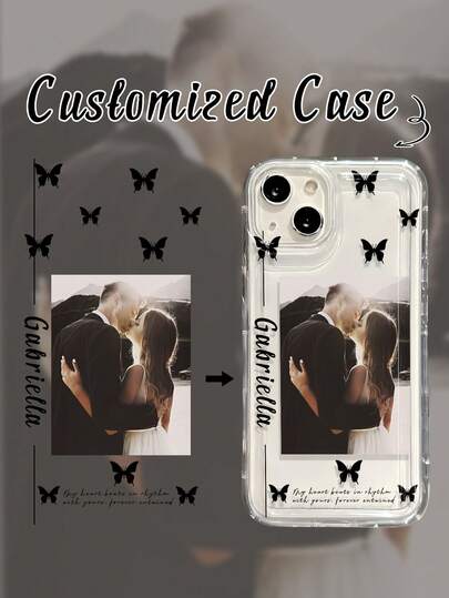 1 pieza Foto de pareja de la serie romántica de mariposas oscuras personalizada, única y significativa para aniversarios, bodas, cumpleaños, uso diario. Adecuada para familia, amigos, mascotas. Funda de teléfono a prueba de golpes personalizada con firma, lema, compatible con iPhone 11, 13, 15, 16 Pro Max
