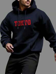 Men's Casual Fashionable Versatile Street Racer Element Slogan Print Kangaroo Pocket Drawstring Hoodie, Autumn/Winter - Navy Blue - View 2