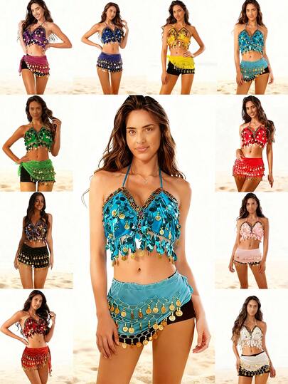 Hand-Woven Women's Belly Dance Set With Sequined Coin Tassel Halter Neck Bra + Hip Scarf For Party Carnival Performance