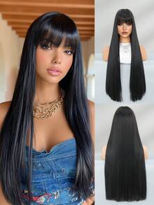 Elegant-30 Inch Black Wigs For Women, Long Straight Wigs With Bangs, High Quality Soft Synthetic Fiber Wigs For Women Daily Wear, Festival Ready Party Use, Perfect Gift - Beginners Glueless Wig Accessories - 黑色 - 查看 5