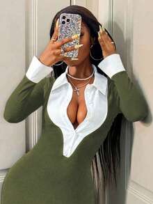 Vestido elegante de mujer de dos en uno con cuello y parches