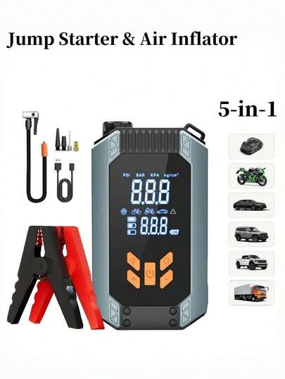 1 st 150PSI 5000A starthjälp med luftkompressor, 5-i-1-funktion digital bildäckpumpning startbox batteripack, bärbar bilbatteriladdare för 10L bensin eller 8.0L