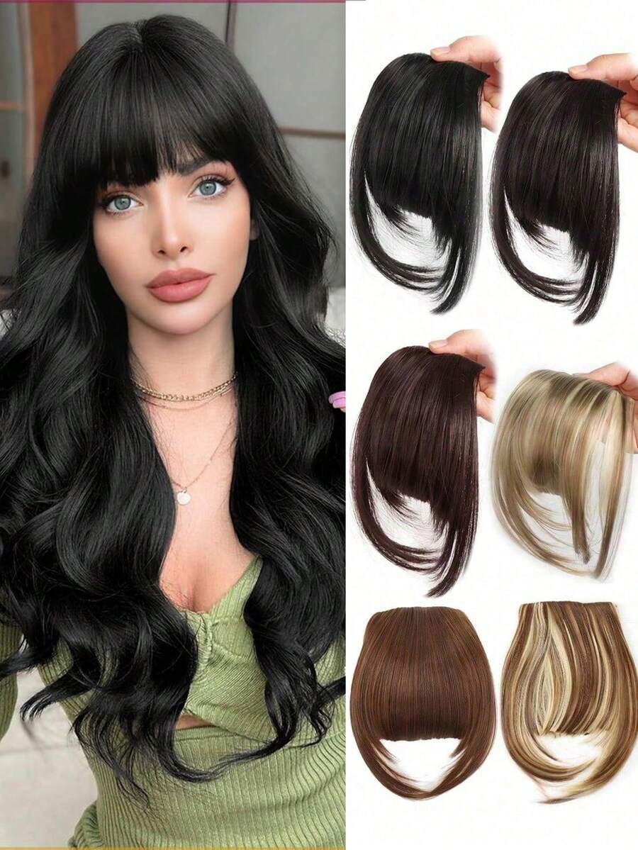 Perucă cu clips cu breton francez 1 buc, perucă sintetică densă și naturală, păr drept cu perciunii, potrivită pentru femei blonde, 15 cm, cu agrafă de păr, agrafă de păr, agrafă de păr