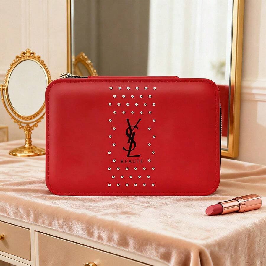 Yves Saint Laurent Red Patent Leather Makeup Bag - Glossy Square Cosmetic Case, Stylish Organizer Box Christmas