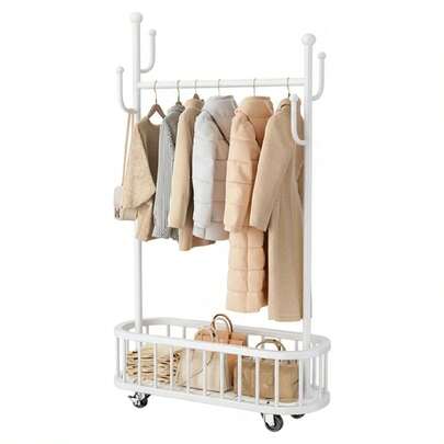mteryoing Home Rolling Clothes Rack With Storage Basket, Metal Clothes Tidy Rails With Wheels, Free Standing Bedroom Clothing Garment Rack For Closet, Laundry, Shop