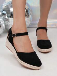 女士时尚休闲度假编织坡跟厚底一脚蹬鞋 - 黑色 - 查看 4