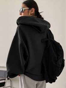 新款女款前拉鍊落肩運動休閒外套，寬鬆大尺碼版型，抽繩設計，秋冬黑色運動休閒夾克 - 黑色 - 查看 4