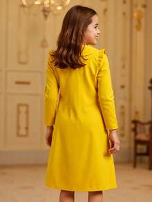 女童荷叶边肩长袖连衣裙，适合日常穿着、派对、度假和上学，春秋季 - 黃色 - 查看 3