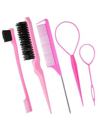 5件套梳子套装，包含一个倒梳工具、一个蓬松梳齿和一个尖头梳，适用于女士和女孩的发型设计，可控制碎发和梳理边缘。产品包括：梳子、倒梳、造型梳、卷发梳、边缘梳、发梳、梳头、梳子套装、梳头、卷发梳、解结梳、女士专用梳子、头发护理、旅行、美发产品、美发工具、美发用品、理发师、理发师配件、理发店、美发设备。