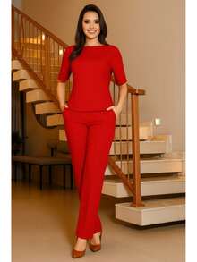 WOMEN'S CREPE LARISA SET TRADITIONAL PANTS AND BLOUSE FRESH KNIT GREAT FIT - Red - View 3
