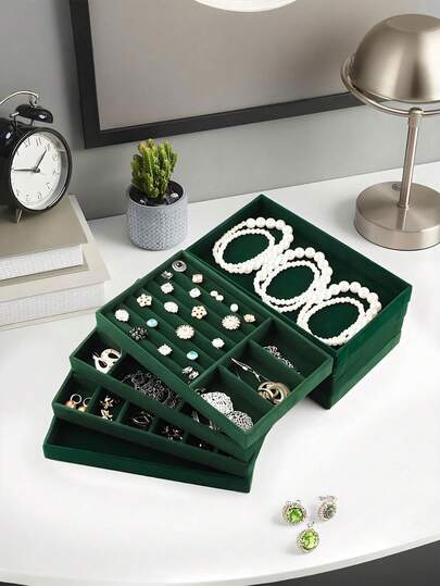 Zestaw 9 tacek na biżuterię w kolorze zielonym 9 w 1, tacka do ekspozycji biżuterii, tacka do przechowywania biżuterii, składana szuflada na biżuterię, pudełko na biżuterię, tacka na biżuterię z aksamitnej siatki, pudełko do przechowywania biżuterii, nadaje się do przenośnego, wielofunkcyjnego przechowywania pierścionków, kolczyków i naszyjników, duża składana szuflada na biżuterię na kolczyki, naszyjniki i bransoletki, łatwa do klasyfikowania i przechowywania, oszczędzająca miejsce, wygodna do wyjmowania i odkładania