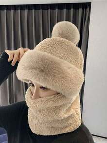 1PC Plush Warm Knit Beanie For Outdoor Cycling Ski Winter Warm Beanie With Pom Solid Color Thickened Plush Neck Gaiter Mask Windproof Hooded Ear Protection Windproof Ski Hat Winter Cycling Balaclava For Women Outdoor