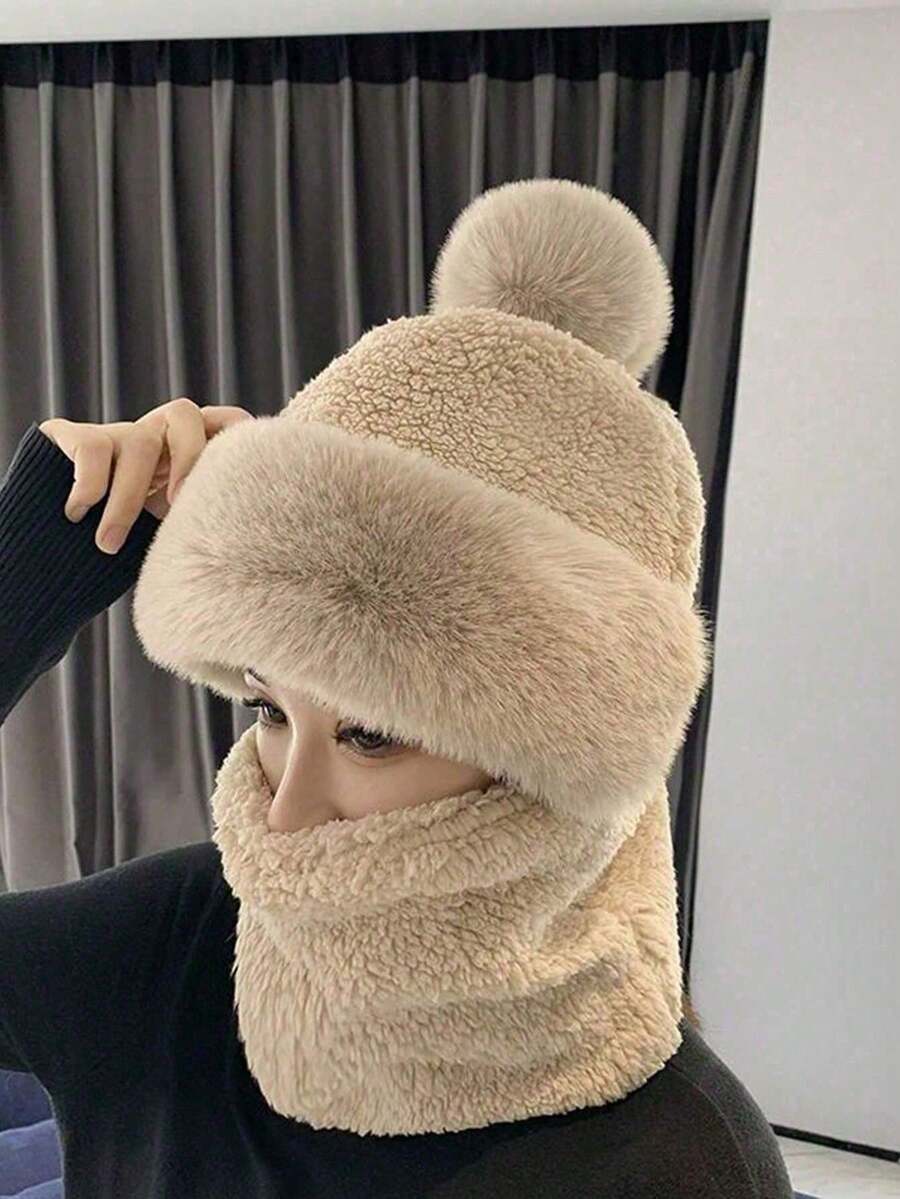 1PC Plush Warm Knit Beanie For Outdoor Cycling Ski Winter Warm Beanie With Pom Solid Color Thickened Plush Neck Gaiter Mask Windproof Hooded Ear Protection Windproof Ski Hat Winter Cycling Balaclava For Women Outdoor