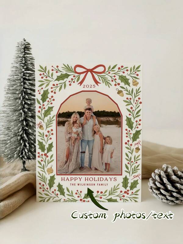 2/4 piezas Tarjeta de Navidad personalizada - Sube una foto familiar y texto personal, impresión clara y vívida, perfecta para Navidad, Año Nuevo, saludos festivos y recuerdo familiar, Nochebuena, cumpleaños de invierno, Acción de Gracias, inauguración de la casa, fiesta de oficina e intercambio en el aula
