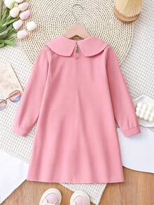 Vestido de manga larga rosa de estilo vintage con cuello Peter Pan y lazo, adecuado para uso diario, fiestas y reuniones, para niñas jóvenes en primavera/otoño - Rosa - Ver 3