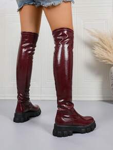 Botas de mujer de talla grande para otoño/invierno con suela gruesa, botas de tobillo de tacón grueso casual, estilo británico retro, adecuadas para primavera y otoño - Burdeos - Ver 6