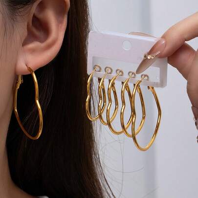 3 Pairs Fashionable Minimalist Linear Geometric Heart, Star, Circle, Hexagon Gradient Hollow Hoop Earrings, Suitable For Women's Casual Daily Wear - Card Packaging - A Great Gift Choice