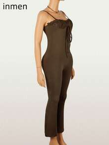 Inmen 夏季性感纯色修身连体裤无袖露背蕾丝拼接臀部运动服俱乐部女装