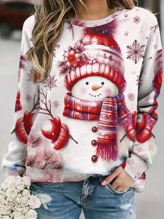 Plus Size Women Christmas Print Crew Neck Long Sleeve Sweatshirt, Autumn/Winter