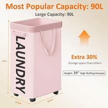 90L Rolling Laundry Basket With Wheels, 29 IN Hamper With Wheels And Removable Mesh Bag, Pink Laundry Baskets On Wheels For Bedroom, Dorm, Clothes Hamper Organizer{Inchcolor_nameinch:InchPinkinch} - Hồng - Xem 3
