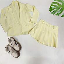 CONJUNTO SHORT SAIA PLISSADO PREGAS  COLEGIAL BLAZER DE ALFAITARIA INFANTIL ESTILOSO BLOGUEIRINHA - Amarelo - Visão 1