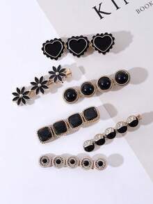 6pcs/Pack Colorful Shell Flower Resin Pearl Hair Clips, High-End Original Design, Suitable For Daily Use - Black - View 4