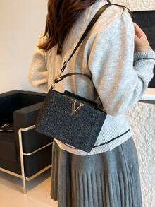 女款亮面新款百搭水桶包，小眾通勤單肩斜挎包，時尚購物包，PU皮革手提包 - 黑色 - 查看 7
