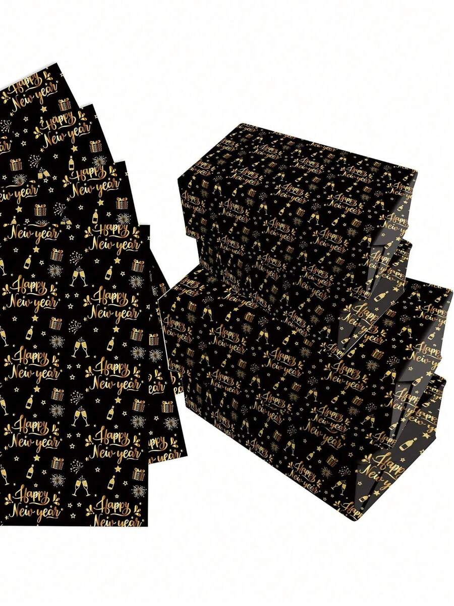 12pcs Black Gold New Year Wrapping Paper Sheets Happy New Year Craft Wrapping Paper Gift Wrap For Wedding Birthday DIY Craft Gift Wrap - Multicolor - View 1