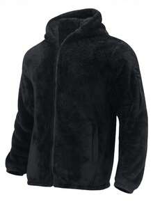 Men's Solid Color Simple Double-Faced Fleece Hooded Plush Casual Zipper Jacket,Men's Autumn Winter Reversible Sherpa Thermal Lined Jacket, Lightweight Warm Zip Up Hoodie, For Outdoor Sports, Daily Streetwear, Travel, And Cold Weather Protection - Black - View 3