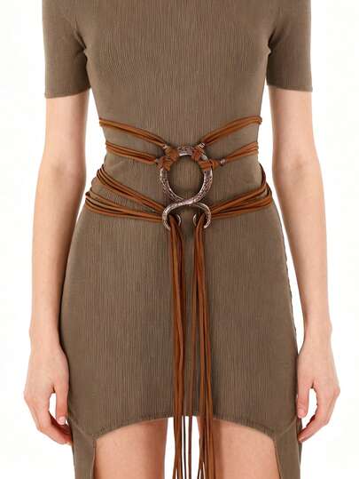 1 Peça Cinto Trançado Viking Medieval Com Fivela De Anel, Marrom, Franja Decorativa, Acessórios Para Fantasias De Cosplay